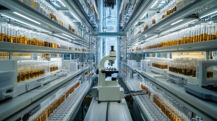 Poster - sterile environment with rows of labeled vials, pipettes, and microscopes for therapeutic drug testing.