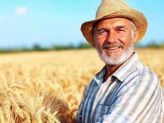 Poster - Experienced farmer stands proudly in ripe wheat field during golden hour, showcasing hard work and dedication to agriculture