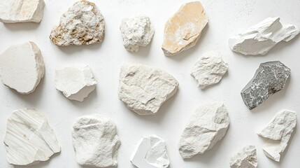 Poster - Collection of Various White Rocks and Minerals on a Light Background for Natural Textures, Design Elements, or Geology Studies