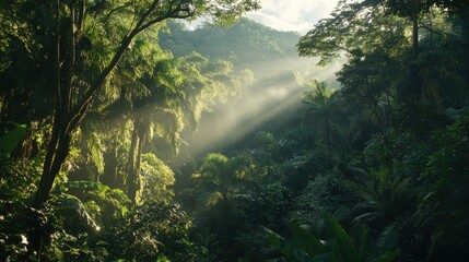 Poster - Sunlight filtering through the canopy of a dense forest revealing lush greenery in a tranquil setting