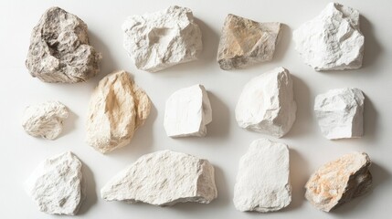 Poster - Collection of Various Types of Natural White Stones on Clean Background, Showcasing Texture, Shape, and Color Variation for Art and Design Projects
