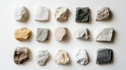 Poster - A Collection of Natural Stone Samples Displayed on a Neutral Background for Textures, Materials, and Geological Research or Design Inspirations