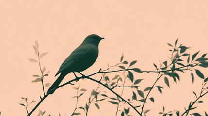 Poster - Minimalist silhouette of a bird perched on a branch during twilight hours in a serene outdoor setting