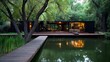 © ZRO - Modern house, tranquil pond, lush trees, evening light, serene setting; ideal for architecture, real estate, lifestyle websites