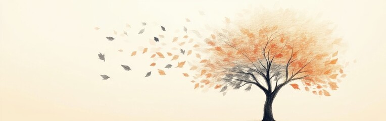 Aufkleber - Elegant silhouette of a tree with orange and gray leaves falling in a serene autumn landscape