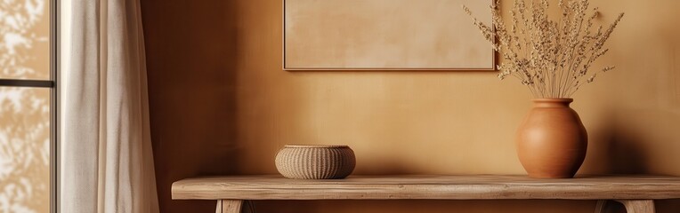 Poster - Soft clay tones and elegant textures create a serene atmosphere in a minimalist interior setting