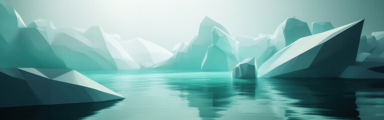 Aufkleber - Low-poly icebergs and water reflections create a serene, cool-toned landscape with gradients