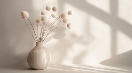Aufkleber - Soft and serene abstract white composition featuring delicate flowers in a minimalist vase on a light backdrop