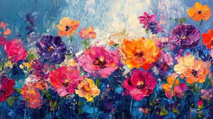 Fototapete - Vivid abstract painting featuring an array of colorful flowers in rich indigo background and bright hues