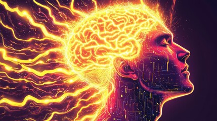 Poster - Vibrant depiction of a man's profile showcasing a glowing brain with electric energy flowing around in a creative digital art style