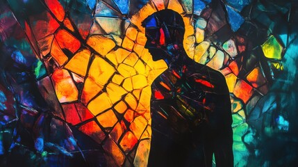 Poster - Vibrant silhouette of a man against colorful abstract glass background at dusk reflecting light and energy