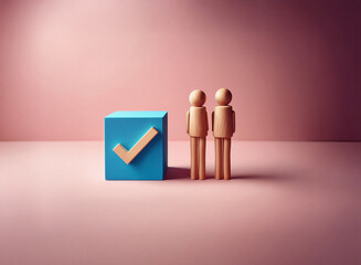 Poster - Grainy texture image of two wooden figures standing beside a blue cube with a checkmark.  The scene is minimalist and set against a soft pink backdrop.