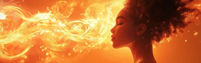 Aufkleber - Surreal representation of a glowing woman with swirling light embracing her in a mystical atmosphere