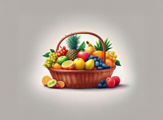 Aufkleber - A brown wicker basket overflows with a vibrant assortment of fresh fruits.  The grainy texture of the digital painting adds depth and realism.