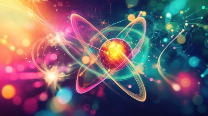 Fototapete - abstract visualization of atoms bonding, with colorful trails representing the exchange of energy.