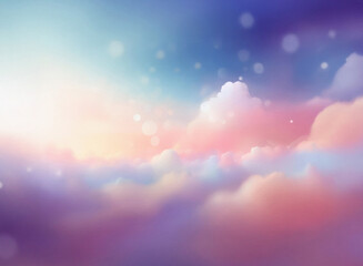 Poster - Dreamlike, grainy textured sky at sunrise. Soft pastel colors blend in fluffy clouds and sparkling bokeh. A serene, ethereal atmosphere.