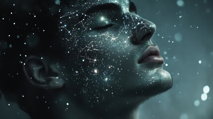Aufkleber - Portrait of a man with cosmic patterns glowing across his face in a tranquil, ethereal atmosphere