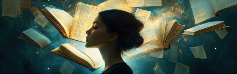 Aufkleber - Portrait of a woman surrounded by floating books in a tranquil setting, showcasing her calm beauty and deep connection to knowledge