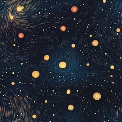 Poster - Radiant doodle cartoon drawings in watercolor style featuring a cosmic night sky with swirling stars and glowing planets