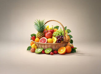 Poster - A wicker basket overflows with a vibrant assortment of fresh fruit.  The grainy texture of the image adds a rustic feel to the colorful scene.
