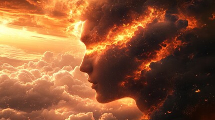 Poster - Mystical profile of a man blended with fiery clouds during a sunset in a dreamlike atmosphere