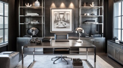 Leinwandbilder - Modern home office featuring minimalistic design with metal desk and stylish decor