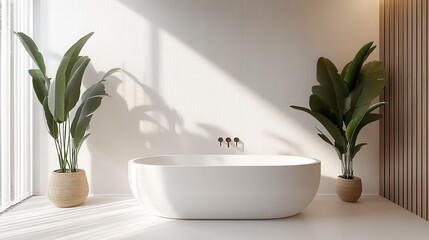 Poster - Sleek minimalist bathroom featuring a freestanding tub and elegant plants in a bright, airy space