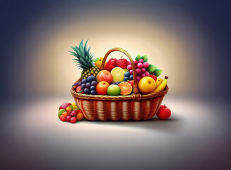 Aufkleber - A bountiful fruit basket overflows with vibrant, ripe produce.  The grainy texture of the wicker basket contrasts beautifully with the glossy sheen of the fruit.