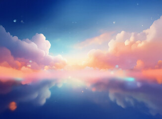 Poster - A grainy, textured image depicts a serene sunset reflected on a calm body of water.  Pastel hues paint the sky and clouds, creating a dreamy atmosphere.