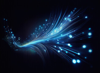 Aufkleber - A grainy, textured stream of light,  blue fibers glowing with bright points against a black background, evokes a sense of speed and energy.