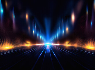 Poster - Grainy texture, vibrant blue and orange lights converge in a dark, abstract digital landscape.  Lines streak from a central point, creating a sense of depth and movement.