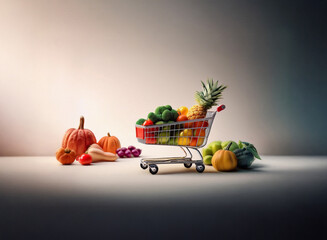 Aufkleber - A miniature shopping cart overflows with a vibrant array of fruits and vegetables.  The grainy, textured image evokes a feeling of wholesome abundance.