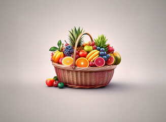 Poster - A wicker basket overflows with a vibrant array of fresh fruits.  The grainy texture of the basket contrasts beautifully with the glossy sheen of the colorful produce.