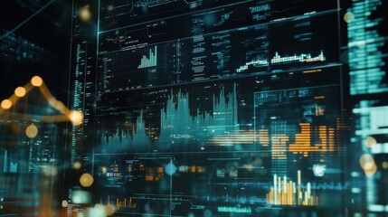 Leinwandbilder - Double exposure of glowing predictive graphs illustrating data trends and analytics insights