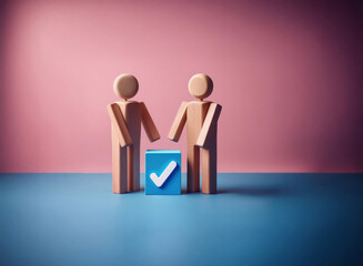 Leinwandbilder - Two wooden figurines stand beside a grainy textured blue square with a checkmark, signifying agreement or completion of a task.