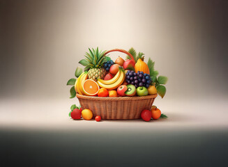 Aufkleber - A grainy textured image shows a wicker basket overflowing with a vibrant assortment of fresh fruits, illuminated by soft light.