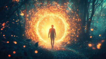 Poster - Man walking through glowing portal in mystical forest at twilight
