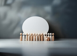 Poster - A grainy textured image shows many small wooden figures standing before a large white circle. The scene has a muted color palette and a slightly blurred background.