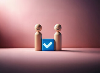 Leinwandbilder - Two happy wooden figures stand beside a blue cube with a checkmark.  The grainy texture of the image adds to its minimalist aesthetic.  A soft pink backdrop enhances the scene.