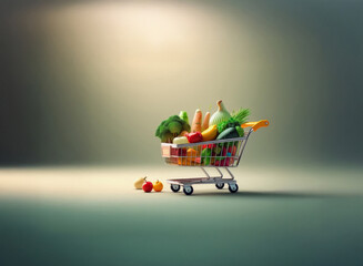 Aufkleber - A miniature shopping cart overflowing with fresh produce sits on a grainy, textured surface, illuminated by a soft light.  The scene evokes a feeling of healthy eating and abundance.