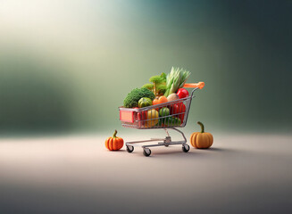 Poster - A miniature shopping cart brimming with fresh vegetables sits on a grainy, textured surface. Two small pumpkins flank the cart, adding to the autumnal feel.