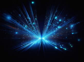 Poster - A grainy, textured image depicts a burst of blue light streaking outwards from a central point, resembling a starburst or cosmic event.  The dark background enhances the vibrant glow.