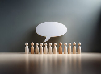 Poster - A grainy image shows a row of wooden peg people facing a blank speech bubble. The texture of the wood and the subtle lighting create a contemplative mood.  The scene suggests communication, discussion