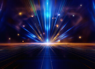 Poster - Grainy texture, vibrant blue and orange light beams radiate from a central point, creating a futuristic, expansive scene.  The effect is otherworldly and dynamic.