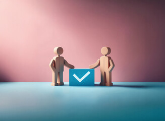 Poster - Two wooden figurines stand beside a grainy textured light blue cube displaying a checkmark.  The scene is minimalist, with a soft pink background.