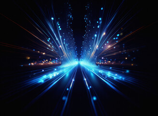 Poster - Grainy texture of light streaks forming a glowing, symmetrical path.  Bright blue and orange lights radiate from a central point against a dark background.  Speed and energy are implied.