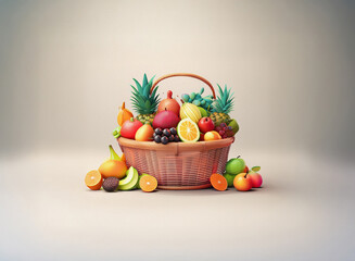 Poster - A rustic basket overflows with a vibrant array of fresh fruits. The grainy texture of the image adds a unique, almost painterly quality.  The scene is brightly lit against a muted background.