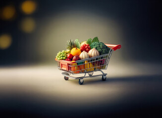 Aufkleber - A miniature shopping cart overflowing with fresh produce.  The image has a grainy texture and dramatic lighting.