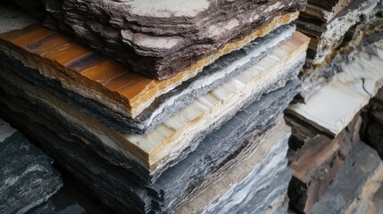 Fototapete - Layers of solid particles packed tightly, forming strata of different textures and densities.
