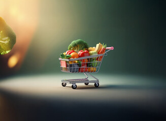Poster - A miniature shopping cart overflowing with fresh produce sits on a grainy, textured surface, bathed in soft light.  The scene evokes a feeling of healthy eating and abundance.